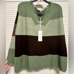 Women’s Simply Southern Green and Brown Striped Distressed Sweater Size Medium